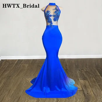 Королевско-синее Длинное платье для выпускного вечера для чернокожих девушек 2023 с высоким воротом, Прозрачная аппликация из бисера и кристаллов, вечерние платья в стиле русалки, Вечерние платья