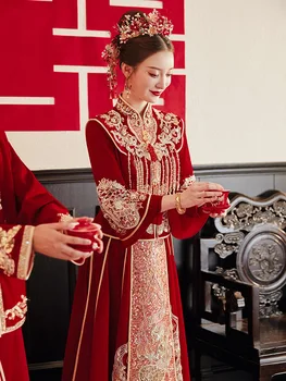 Костюм невесты, Велюровая одежда для тостов, Элегантное свадебное платье Чонсам в китайском стиле с кисточками, расшитое блестками и бисером, Свадебный набор для новобрачных