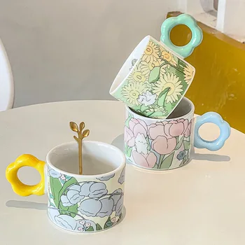 Красивая Керамическая чашка Ins, Домашняя Кофейная кружка для милой пары, Подарочная кружка для рук, чашка для воды в виде тюльпана