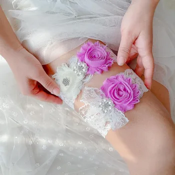 Красивый фиолетовый комплект свадебных подвязок с цветочным кружевом ручной работы для невесты, выпускного вечера, кольцо для ног, эластичные подвязки