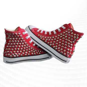 Красная парусиновая обувь с высоким берцем и заклепками, спортивная удобная обувь для ходьбы, заклепки ручной работы, нейтральная вулканизированная обувь 35-46