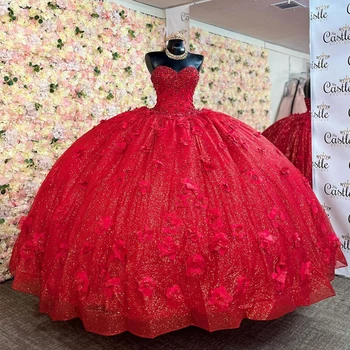 Красное бальное платье с кристаллами, расшитое бисером, Пышное платье, корсет с 3D Цветами, Vestido De 15 Anos