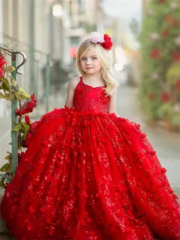 Красное бальное платье с пайетками, Тюлевое платье в цветочек для девочки, Изысканная вечеринка, Детский День рождения, без рукавов, длина до пола, Кружевное платье принцессы с аппликацией