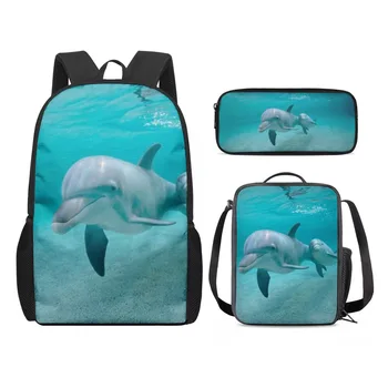 Креативное забавное животное Морская звезда дельфин 3D Печать 3 шт./компл. Школьные сумки для учеников Ноутбук Рюкзак Сумка для ланча Пенал