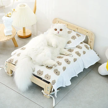 Кровать для кошек из массива дерева Кровати для домашних животных Принцессы Four Seasons Съемный Коврик для сна с кроликом, Собакой, котенком, Диван-кровать для домашних животных, Домашняя кошка, Собака