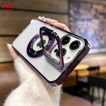 Кронштейн камеры Magsafe Case для iPhone 15 14 13 Pro Max 15 Роскошное Покрытие Прозрачная Акриловая Крышка С Отверстием для Логотипа для iPhone 15 Plus