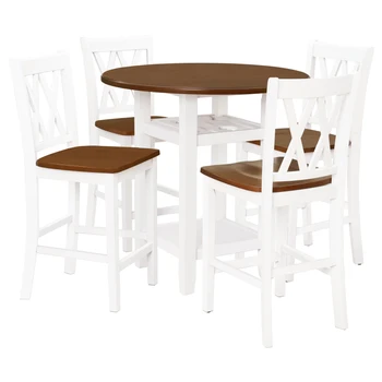 Кухонный обеденный набор из 5 предметов, круглый обеденный стол с высокой стойкой, с полкой для хранения, стеклянной полкой и 4 обеденными стульями с перекрещивающимися спинками