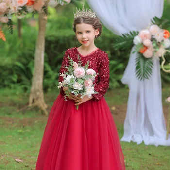 Летнее танцевальное платье высокого класса в европейском стиле 2023 года с блестящими пайетками для девочек 4-12 лет, детское праздничное платье с длинным рукавом.