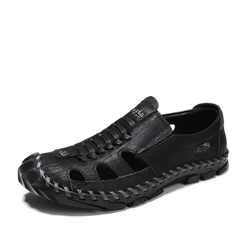 Летние мужские сандалии из натуральной кожи, нескользящая дышащая уличная мягкая походная повседневная пляжная обувь, мужские лоферы, Большие размеры 38-48