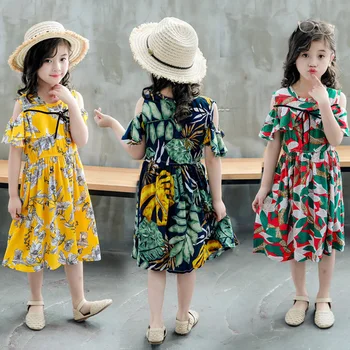 Летние платья для девочек с цветочным принтом, платья для девочек с открытыми плечами, богемное платье принцессы для девочек RT493