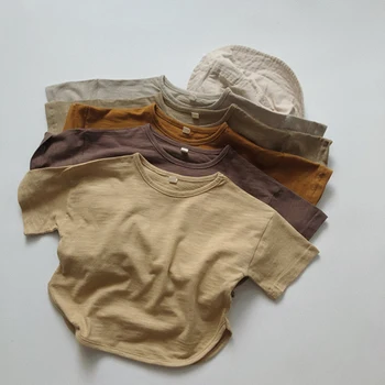 Летняя детская футболка, модные однотонные футболки с круглым вырезом для девочек, хлопковые топы с короткими рукавами для маленьких мальчиков, Корейская повседневная детская одежда от 1 до 7 лет