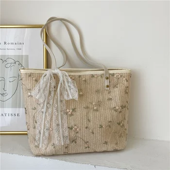 Летняя кружевная Новая наплечная прозрачная холщовая сумка-тоут, женская сумка в богемном стиле с цветочными аппликациями и вышивкой, Одинарная