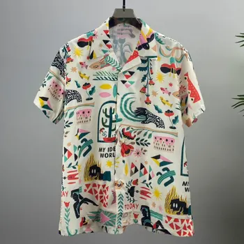 Летняя рубашка с принтом в этническом ретро стиле по всему телу, повседневная мужская рубашка с коротким рукавом, Уличная одежда, летняя рубашка Camisa Fashion Masculina