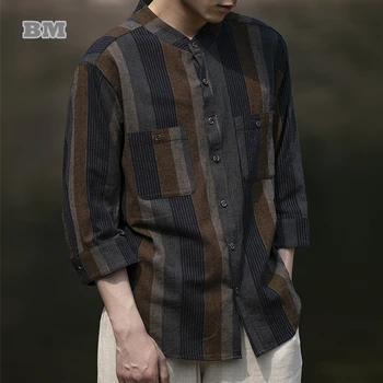 Летняя хлопчатобумажная льняная рубашка в китайском стиле с рукавом три четверти, мужская одежда больших размеров, винтажные повседневные топы, Традиционная свободная рубашка