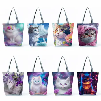 Милые сумки с принтом кота из мультфильма, вместительные женские пляжные сумки-тоут с изображением животных, эко-сумки для покупок многоразового использования, портативные складные