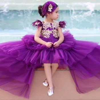 Многоуровневое Фиолетовый Цветок Девочки Платья Высокая Низкая Рождения Театрализованное Причастие Халат Де Демуазель Детские Партии