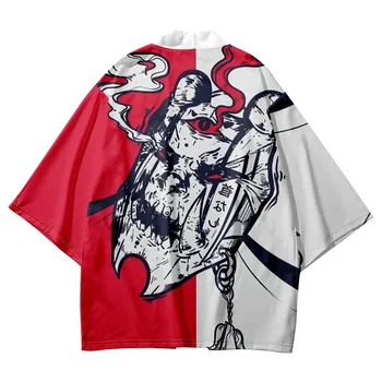 Модный кардиган с японским принтом Haori 2023 Пляжная Юката, Традиционное кимоно, Уличная одежда, Женщины, Мужчины, Красно-Белые рубашки