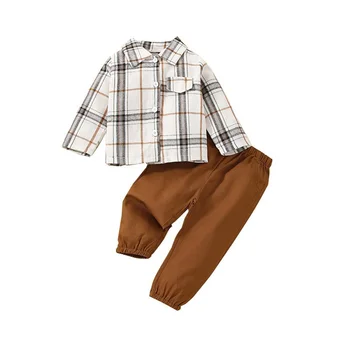 Модный комплект весенней одежды для малышей и мальчиков, рубашка в клетку с длинными рукавами и лацканами на пуговицах + однотонные брюки