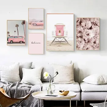 Модный скандинавский автомобиль с розовым цветком, плакаты на скандинавскую тему и принты, настенное искусство, живопись на холсте, Украшения для гостиной