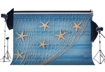 Морской фон Рыболовная сеть с морскими звездами Океанские парусные фоны Синие полосы Фон из деревянных досок