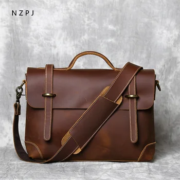 Мужская сумка из натуральной кожи в стиле ретро, портфель из воловьей кожи Crazy Horse, кожаная сумка-мессенджер через плечо, большая вместительная сумка для компьютера NZPJ