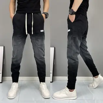 Мужские джинсы Корейского модного люксового бренда с шестью карманами и дизайном карго с градиентным подолом в стиле хип-хоп, зауженный крой, шаровары карго