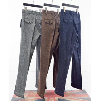 Мужские классические брюки, осенние шерстяные твидовые брюки, прямые ретро-брюки в елочку, повседневные джентльменские брюки, Классический брючный костюм для мужчин