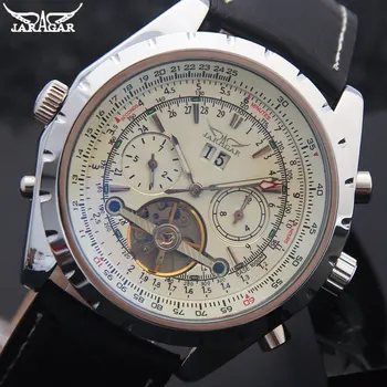 Мужские механические часы JARAGAR Бренд Роскошных мужских часов с автоматическим турбийоном на ремешке из натуральной кожи, черные наручные часы с автоматической датой,