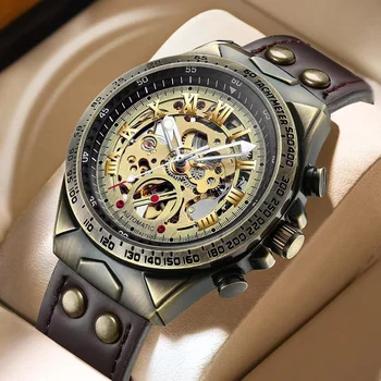 Мужские механические часы SHENHUA Vintage Bronze Спортивные роскошные Кожаные часы топ-бренда Skeleton Автоматические часы Relogio Masculino