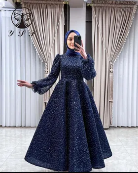 Мусульманские вечерние платья, Высокий воротник, расшитое бисером кружево, Длинный рукав, Темно-синее платье для мамы длиной до щиколоток