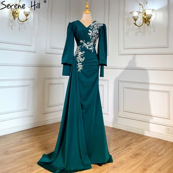 Мусульманские зеленые вечерние платья из атласа Русалки больших размеров 2023, элегантные Роскошные вечерние платья с бисером для женщин, BLA71491 Serene Hill