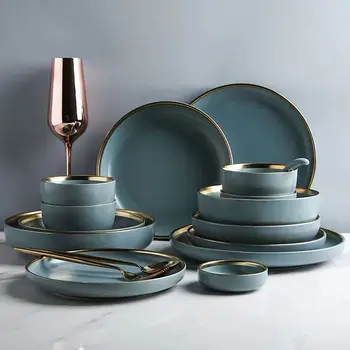 Набор керамической посуды с матовым позолоченным ободком, ложка, миска для хлопьев, Десертная тарелка, тарелка для стейка на ужин, Подарочные тарелки и миски
