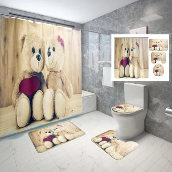 Наборы занавесок для душа с игрушечным медведем из 4 предметов с ковриками, крышкой для унитаза и ковриком для ванной, Занавеска для ванной комнаты с куклой-романтической парой, Декор ванной комнаты