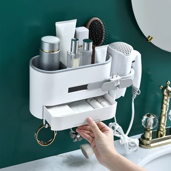 Настенное крепление для хранения в ванной Держатель для фена, Стеллаж, Пластиковые полки для туалетных принадлежностей, Органайзер для макияжа