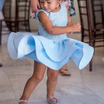 Небесно-голубые короткие мини-платья для девочек в цветочек, Многоуровневая вечеринка, театрализованное представление для малышей, Детские платья на День рождения, детское платье для первого причастия
