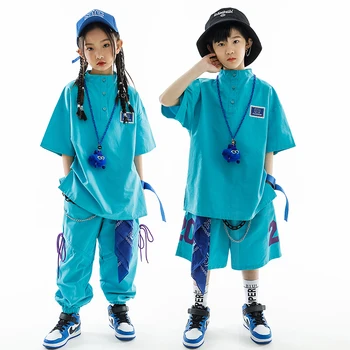 Новая детская одежда в стиле хип-хоп для подростков, свободная футболка, брюки, синий костюм, уличный танцевальный костюм для девочек и мальчиков, одежда для выступлений на концерте Kpop