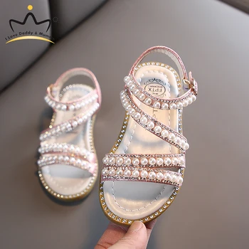 Новые кожаные сандалии для девочек с блестящим жемчугом Летняя Детская обувь Розовое золото Сандалии принцессы для девочек Детская Обувь для маленьких девочек