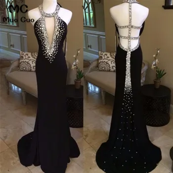 Новые настоящие черные вечерние платья, длинное платье для выпускного вечера с кристаллами, расшитое бисером, Вечерние женские платья с открытой спиной, платье для выпускного вечера
