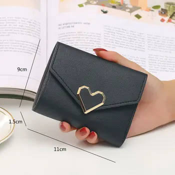 Новый короткий кожаный женский кошелек с металлической пряжкой в виде сердца, милые кошельки для женщин, большой емкости, приталенный простой кошелек для карт