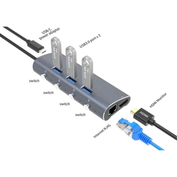 Обновление концентратора Type C с поддержкой 4K HDMI 1000M LAN Rj45 USB3.0 5 Гбит/с док-станция Type-C 6 в 1 USB-док-станция