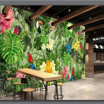 обои для стен с изображением большого расписанного вручную попугая, тропического леса, тропических растений на заказ wellyu