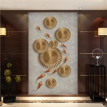 Обои на заказ новые китайские абстрактные 3D рельефные листья лотоса, декоративная роспись крыльца в виде девяти рыбок papel de parede фотообои