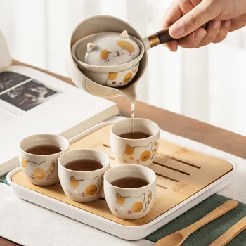 Один чайник, четыре чашки, Состоятельный Ленивый Чайный артефакт, Чайный набор Кунг-фу с подносом, Автоматический вращающийся чайник, Керамический чайник, Чайный фильтр