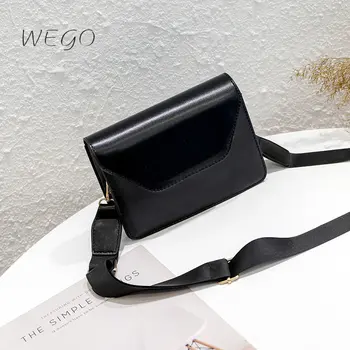 Однотонная маленькая квадратная сумка, черные сумки через плечо с клапаном, ретро-широкий плечевой ремень, женская Корейская мини-сумка-мессенджер.