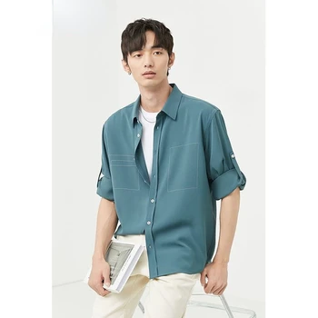 Однотонная Мужская рубашка с отложным воротником 2023, Корейская модная Повседневная мужская одежда, Свободная уличная одежда, рубашки для отдыха для мужчин C17