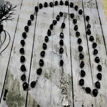 Ожерелье из молитвенных четок Санта Муэрте - сова-Святой смерти, оккультные украшения со смертью, жнец смерти, череп, скалли, приносящий жертву, подарок святилищу