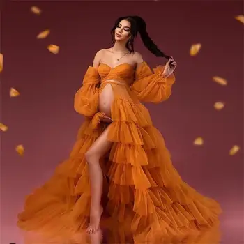 Оранжевое тюлевое платье для беременных с рюшами, разрезом спереди, платье для душа в стиле бохо, женское платье для выпускного вечера