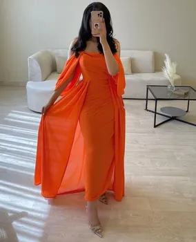 Оранжевые шифоновые платья для выпускного вечера длиной до щиколоток для Саудовской Аравии, женская одежда с открытыми плечами, вечерние платья для вечеринок Evemomg с нижними юбками