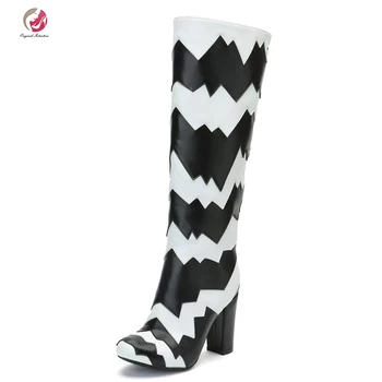 Оригинальное намерение, стильные сапоги до колена, разноцветные, черные, белые, в полоску под зебру, сапоги с круглым носком на квадратном каблуке, женская зимняя обувь