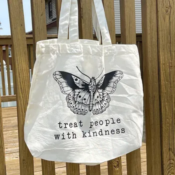Относитесь к людям с добротой, модная женская холщовая сумка для покупок с принтом бабочки, эстетичная сумка в винтажном стиле, сумка-тоут